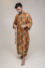 Lade das Bild in den Galerie-Viewer, Mens Orange Blue Floral Silk Long Kimono Robe

