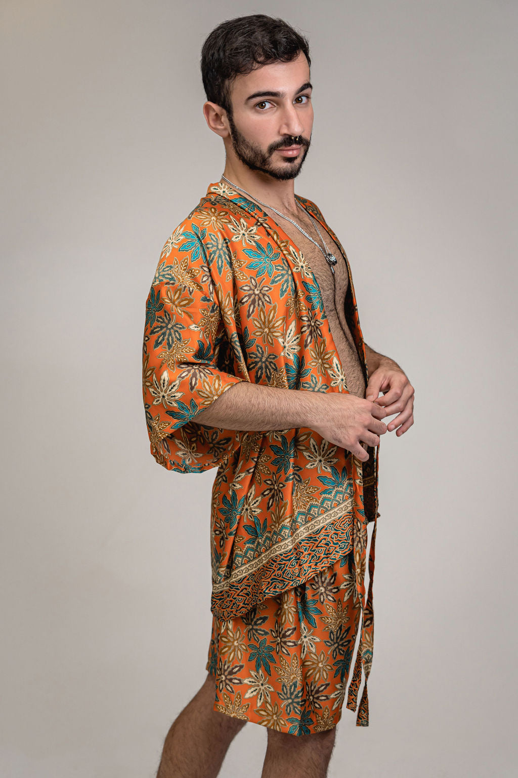 Burnt Orange Floral Silk Kimono Shorts Set Mens