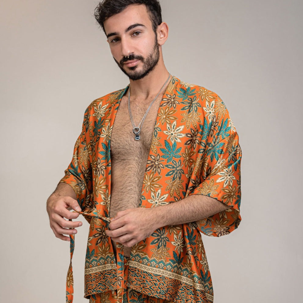 Burnt Orange Floral Silk Kimono Shorts Set Mens