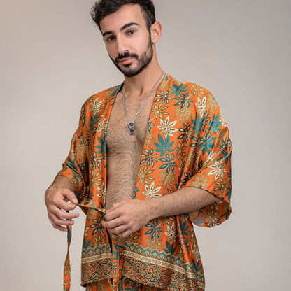 Burnt Orange Floral Silk Kimono Shorts Set Mens