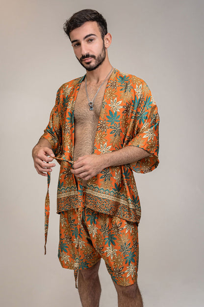 Burnt Orange Floral Silk Kimono Shorts Set Mens