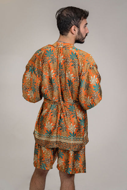 Burnt Orange Floral Silk Kimono Shorts Set Mens