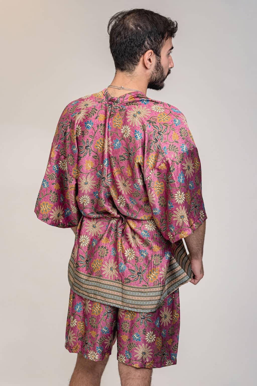 Pink Floral Silk Kimono and Shorts Set Mens - Cherry Blossom