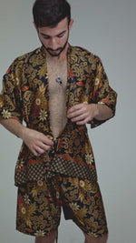 Load and play video in Gallery viewer, Beige Brown Floral Silk Kimono Shorts Set Mens
