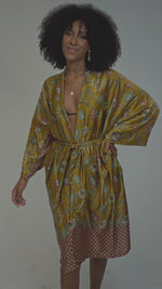 Load and play video in Gallery viewer, Yellow Floral Silk Kimono Robe - Marigold
