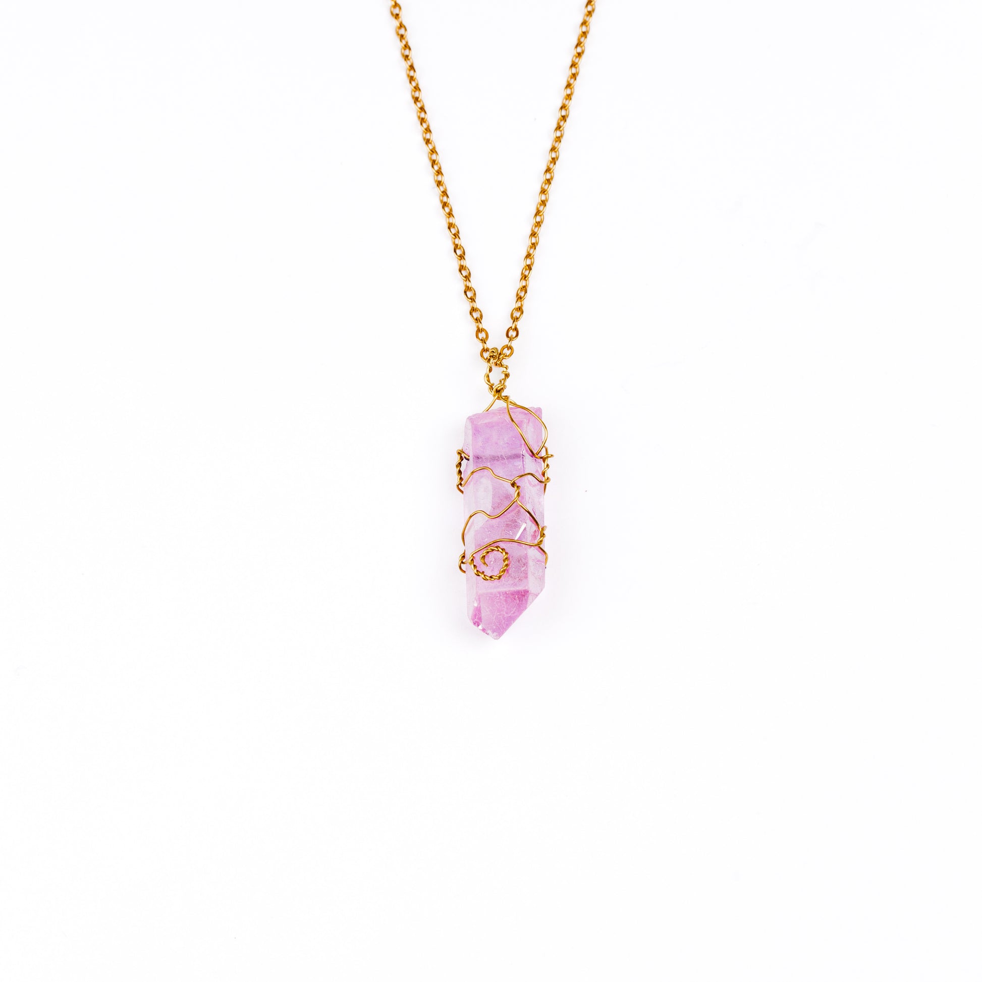 Wire Wrapped Purple Aura Quartz Necklace - Gold