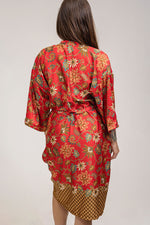 Load image into Gallery viewer, handmade bohemian bali silk Red Floral Silk Kimono Robe - Asoka
