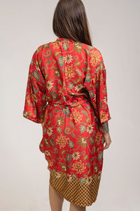 handmade bohemian bali silk Red Floral Silk Kimono Robe - Asoka