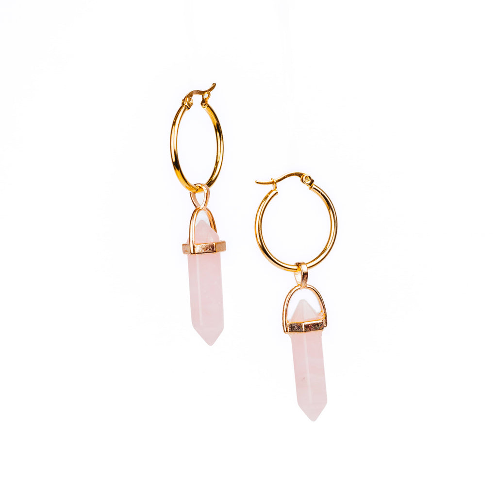 Rose Quartz Hoop Earrings Gold