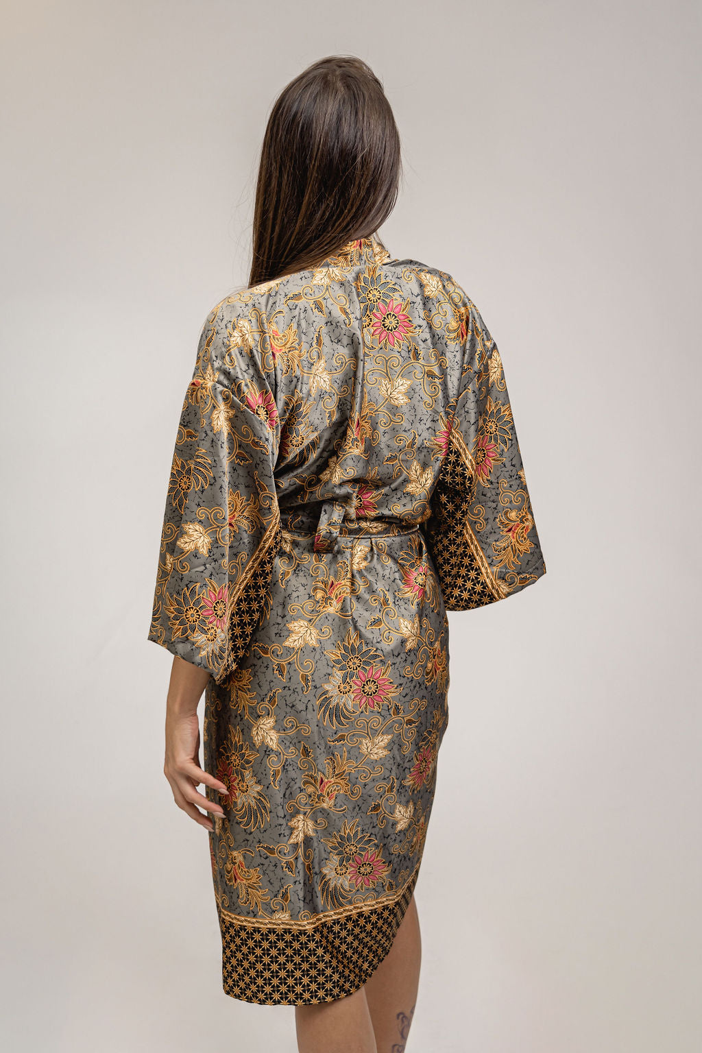 Silver Orange Floral Silk Kimono Robe Womens