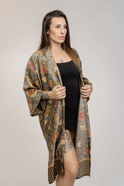 Silver Orange Floral Silk Kimono Robe Womens