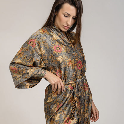 Silver Orange Floral Silk Kimono Robe Womens