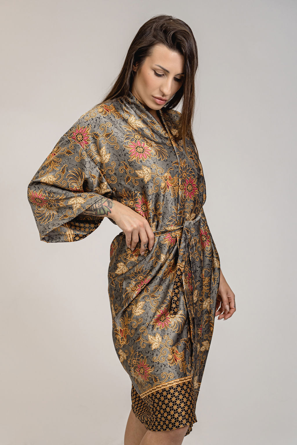 Silver Orange Floral Silk Kimono Robe Womens