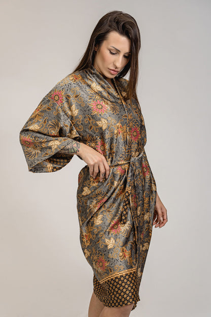 Silver Orange Floral Silk Kimono Robe Womens