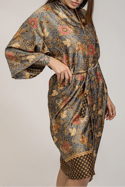 Robe Kimono en Soie Grise Florale - Nénuphar
