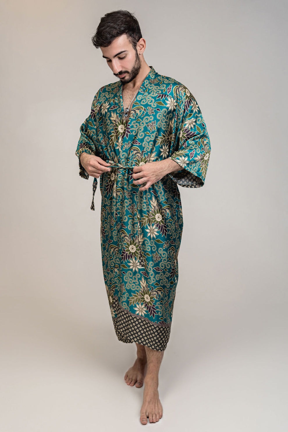 BELIZE Mens Teal Blue Floral Silk Long Kimono Robe Floor – s o l i s t ...