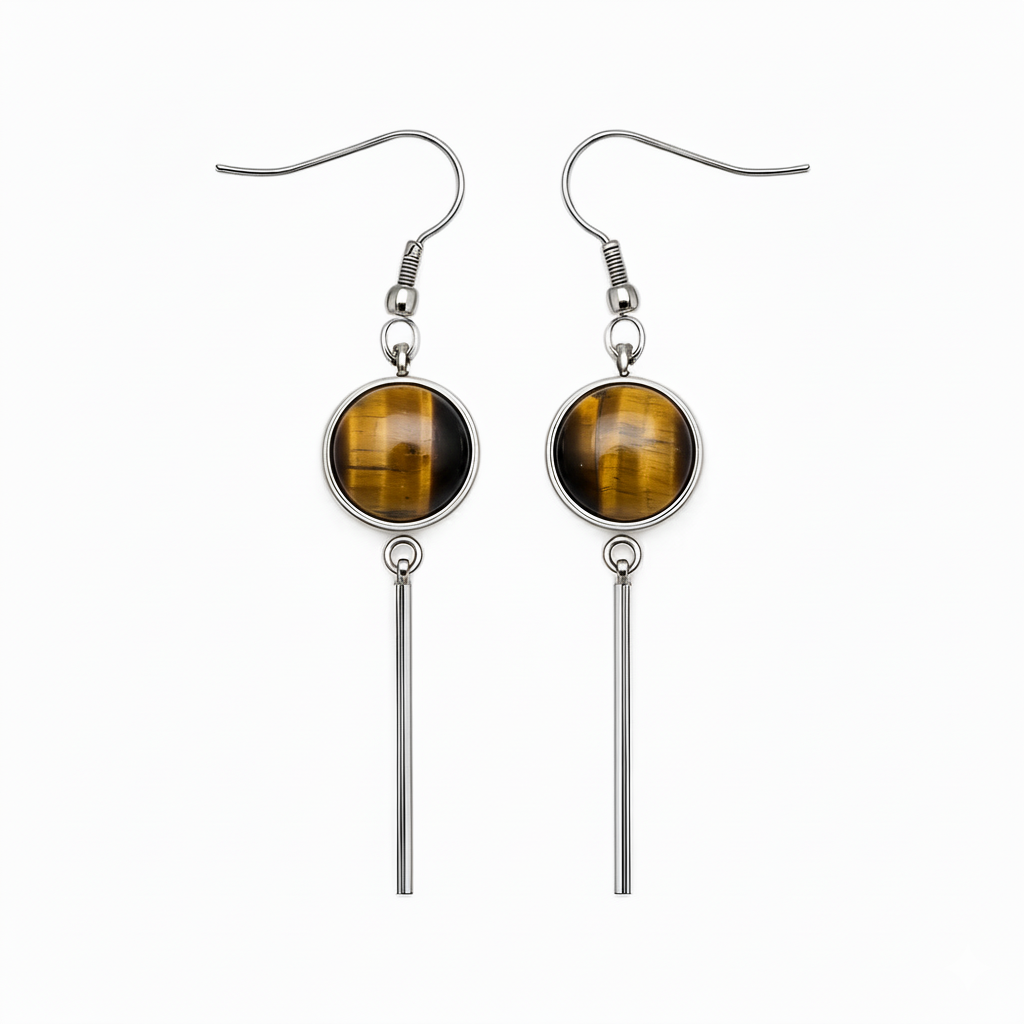 Tiger's eye stone earrings with silver hooks and vertical bars on a white background