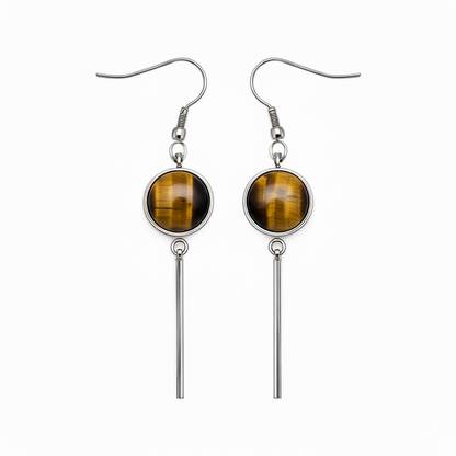 Tiger's eye stone earrings with silver hooks and vertical bars on a white background