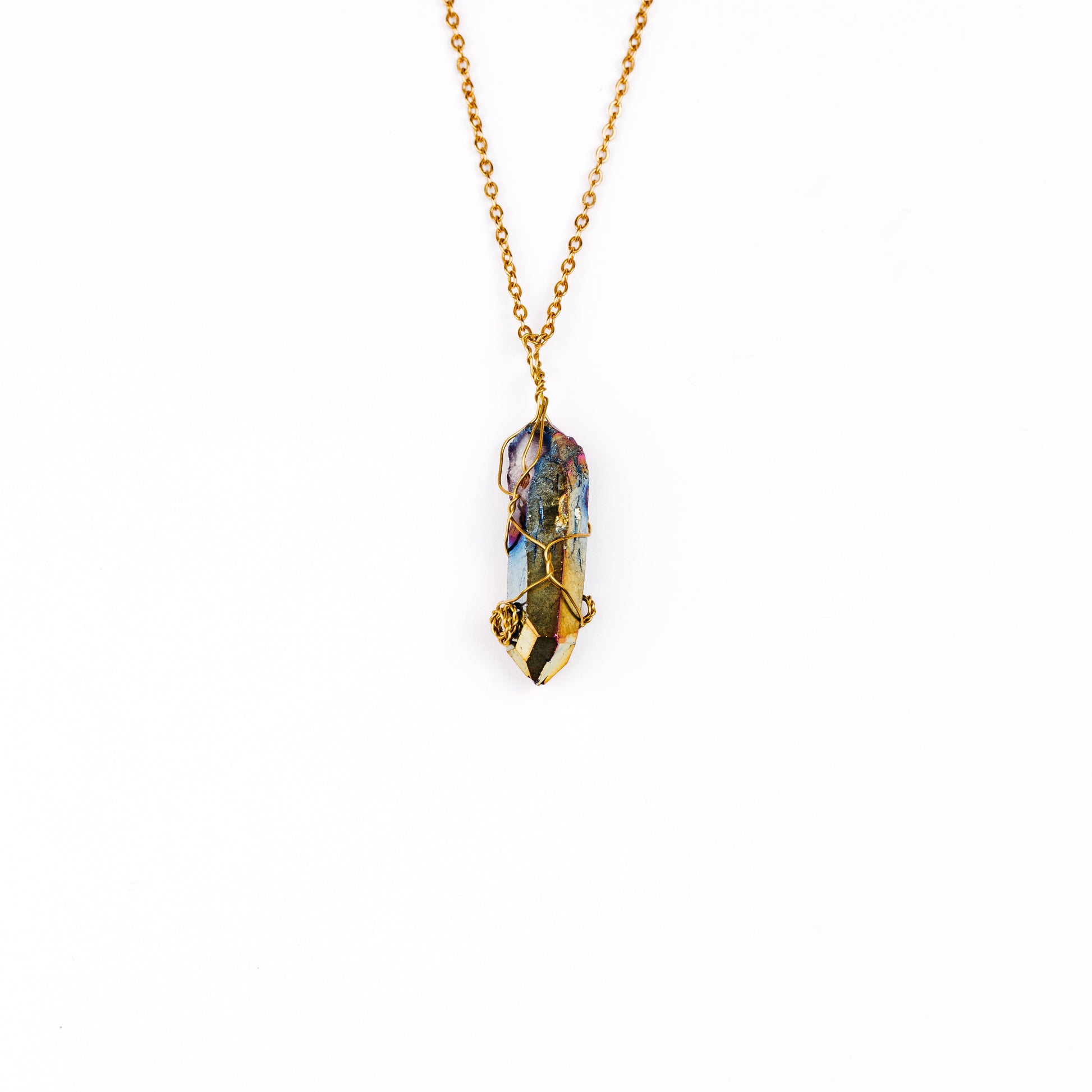 Wire Wrapped Titanium Aura Quartz Necklace - Gold