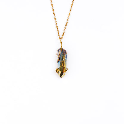 Wire Wrapped Titanium Aura Quartz Necklace - Gold