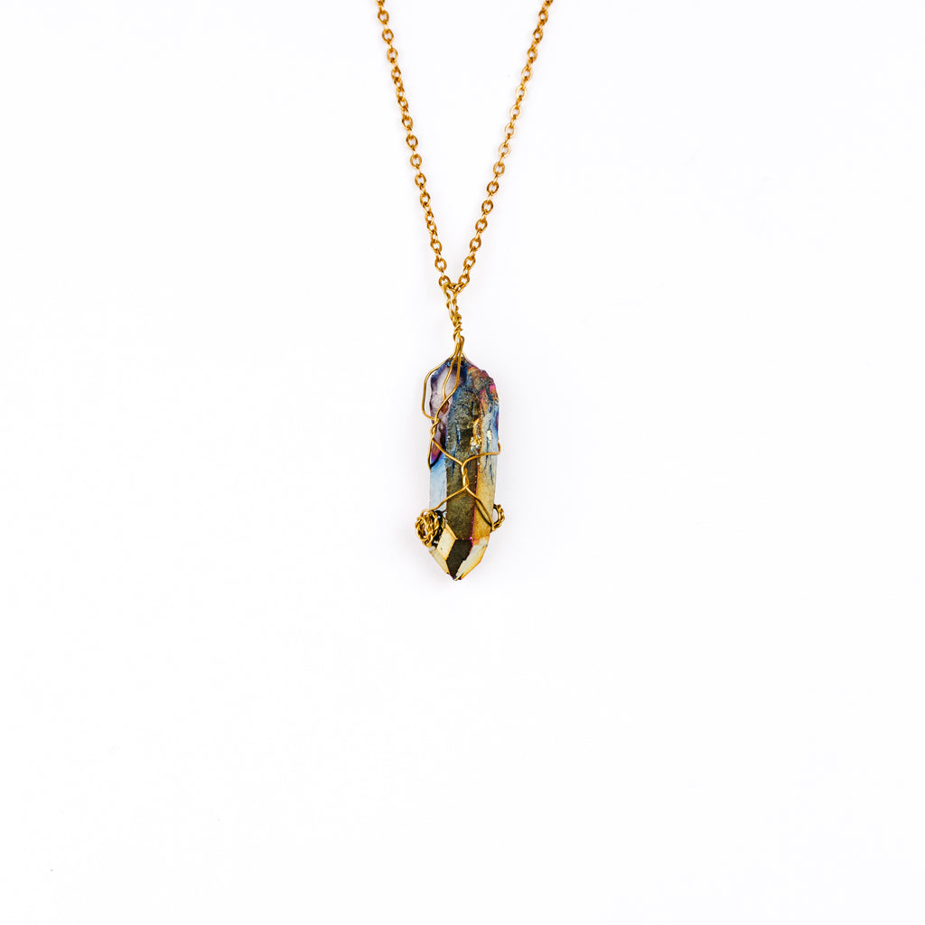 Wire Wrapped Titanium Aura Quartz Necklace - Gold