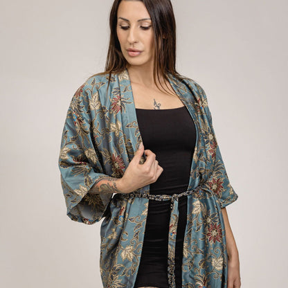 handmade womens grey silver floral silk kimono, long kimono for women, sexy gifts for her