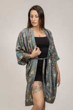 Load image into Gallery viewer, Grey Floral Silk Kimono Robe - Water Lily
