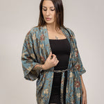 Load image into Gallery viewer, handmade womens grey silver floral silk kimono, long kimono for women, sexy gifts for her
