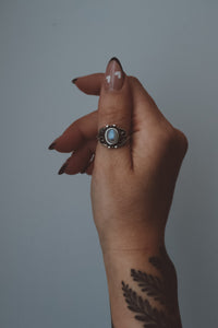 Rainbow Moonstone Oval Ring - Antique Silver