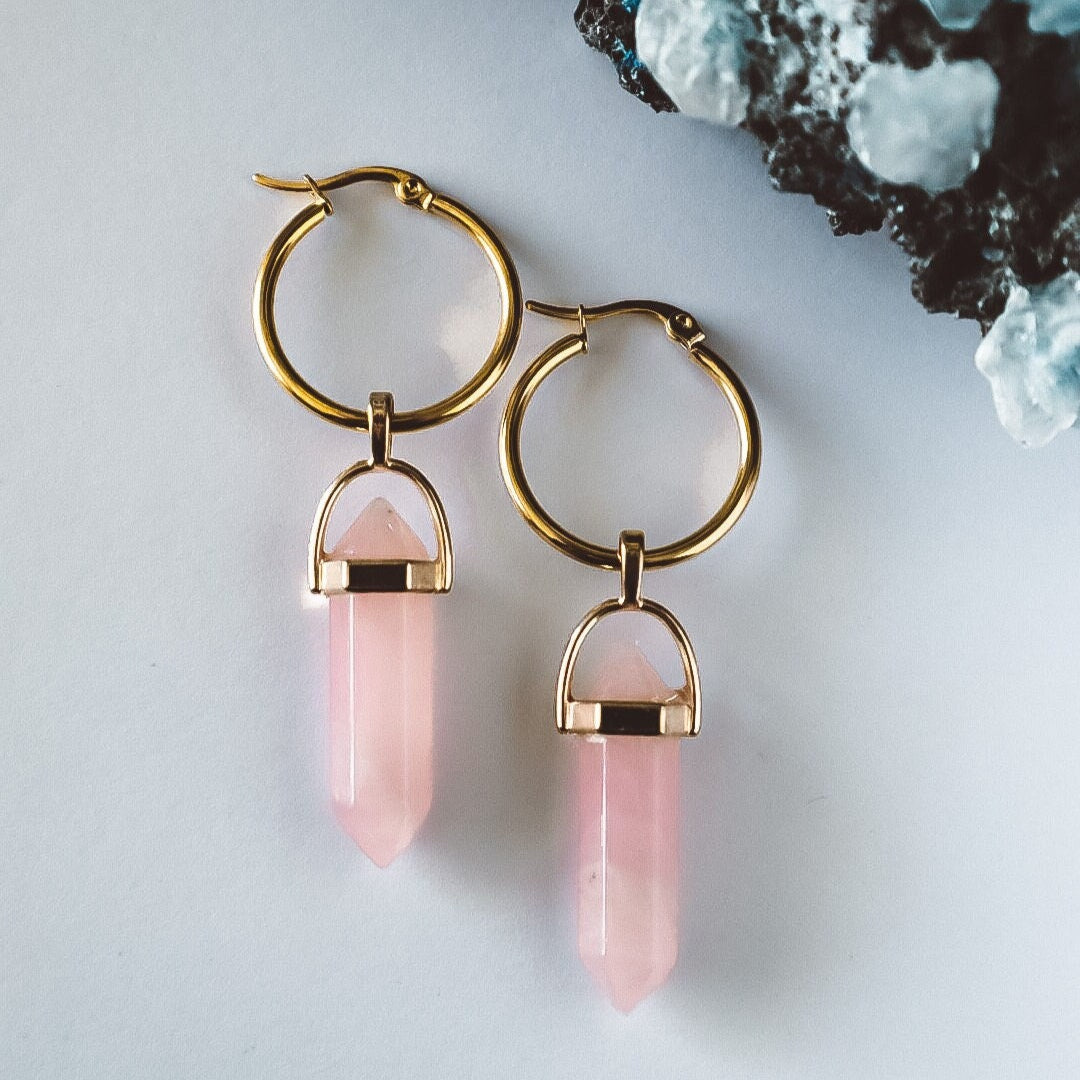 Rose Quartz Hoop Earrings Gold