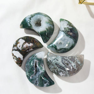 Natural Moss Agate Crescent Moon with Druzy