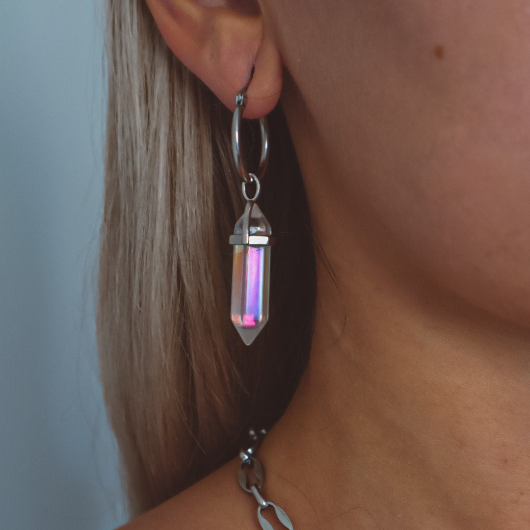 aura Quartz Hoop Earrings silver