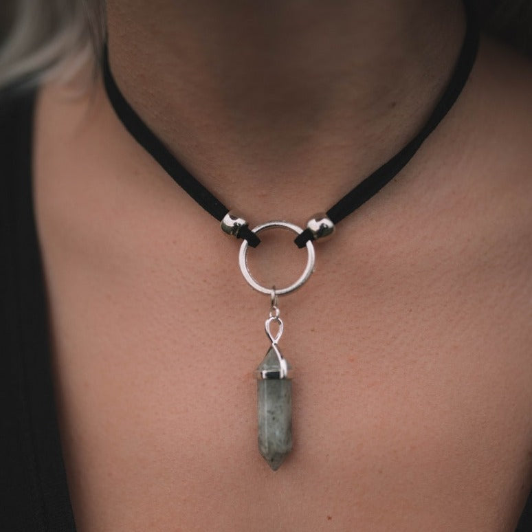 Crystal Point Silver O Ring Black Choker Necklace