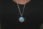 Load image into Gallery viewer, triple moon goddess necklace, triple moon necklace, opalite necklace silver, triple moon silver necklace, waterproof necklace, hypoallergenic necklace, gemstone moon pendant
