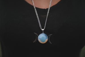 triple moon goddess necklace, triple moon necklace, opalite necklace silver, triple moon silver necklace, waterproof necklace, hypoallergenic necklace, gemstone moon pendant