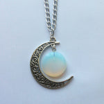 Load image into Gallery viewer, celestial necklace silver, celestial jewelry silver, malta handmade jewellery brand, malta jewellery, opalite necklace, opalite moon necklace, witchy jewelry, fairycore jewelry, fairycore necklace, silver moon necklace
