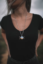 Load image into Gallery viewer, triple moon goddess necklace, triple moon necklace, larvikite necklace silver, triple moon silver necklace, waterproof necklace, hypoallergenic necklace, gemstone moon pendant

