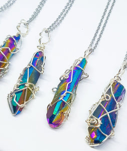 Wire Wrapped Titanium Quartz Pendant Necklace - Silver