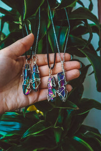 Wire Wrapped Titanium Quartz Pendant Necklace - Silver