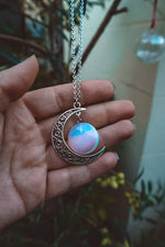 Load image into Gallery viewer, celestial necklace silver, celestial jewelry silver, malta handmade jewellery brand, malta jewellery, opalite necklace, opalite moon necklace, witchy jewelry, fairycore jewelry, fairycore necklace, silver moon necklace
