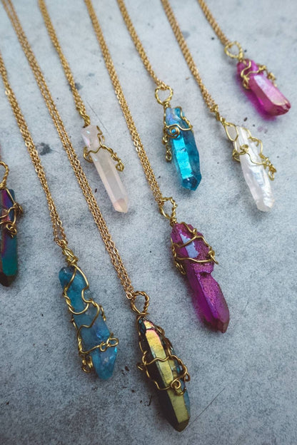 Wire Wrapped Purple Aura Quartz Pendant Necklace - Gold