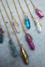 Load image into Gallery viewer, Wire Wrapped Purple Aura Quartz Pendant Necklace - Gold
