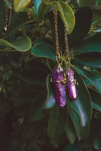 Wire Wrapped Purple Aura Quartz Pendant Necklace - Gold