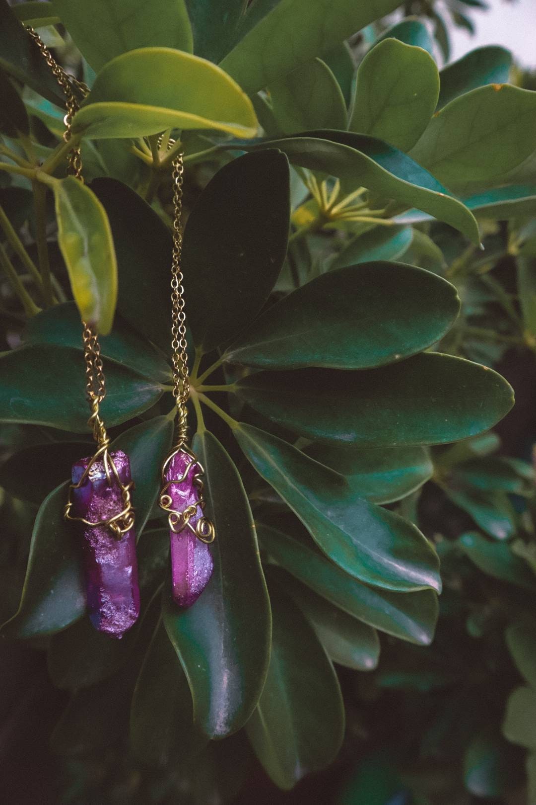 Wire Wrapped Purple Aura Quartz Pendant Necklace - Gold