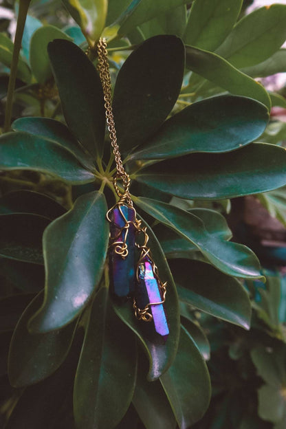 Wire Wrapped Titanium Aura Quartz Pendant Necklace - Gold