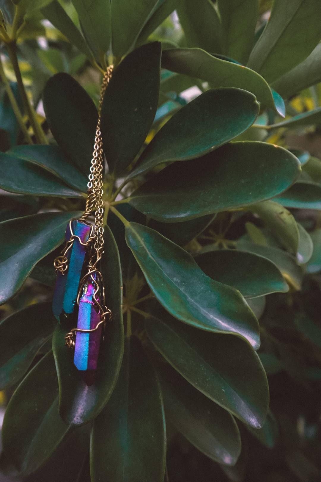 Wire Wrapped Titanium Aura Quartz Pendant Necklace - Gold