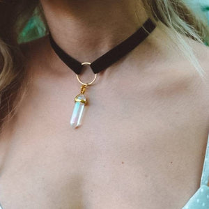 Rainbow Aura Quartz O Ring Choker - Black/Gold