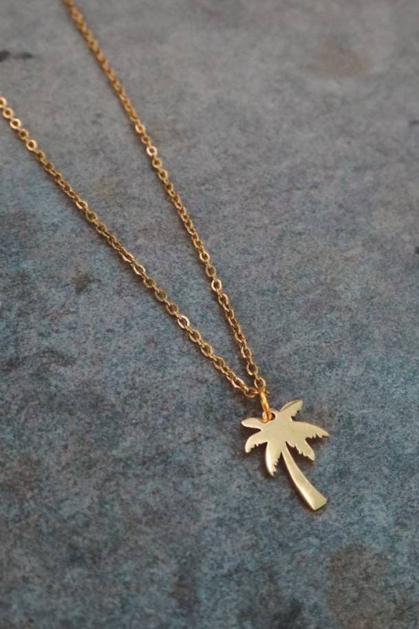 Escape - Palm Tree Charm Necklace - Gold Stainless Steel