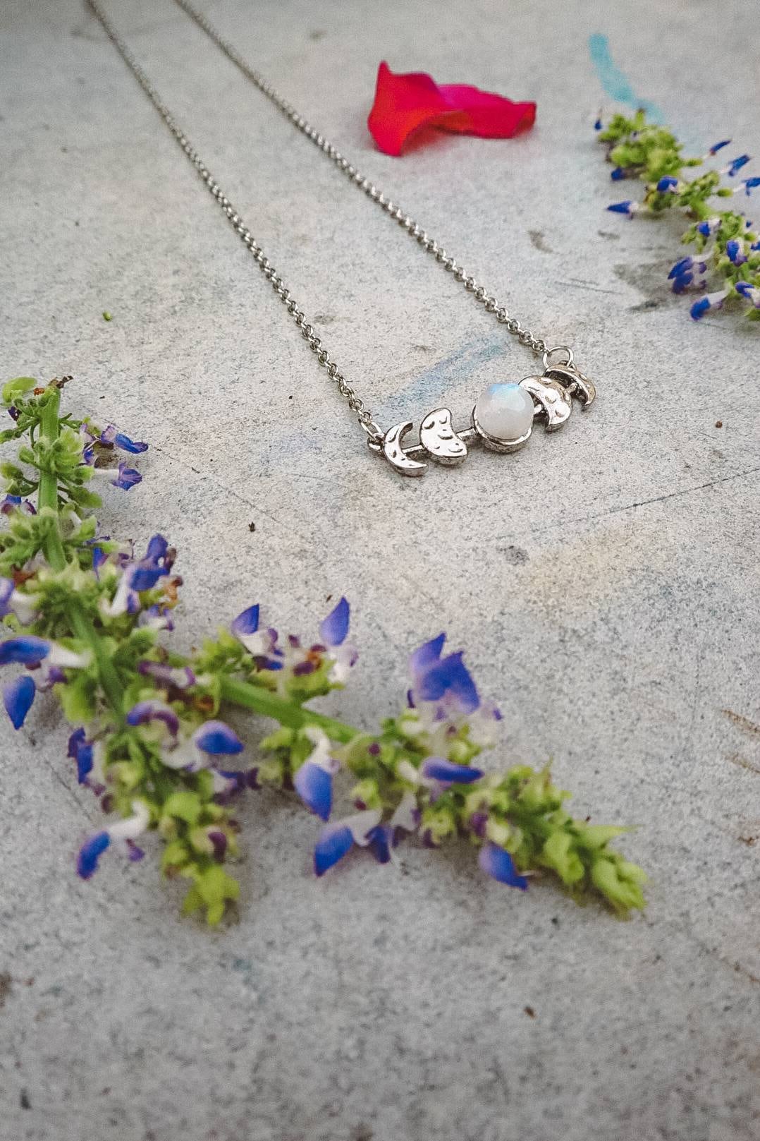 Rainbow Moonstone Moon Phases Necklace - Silver - Triple Moon Goddess Necklace - Celestial Jewelry - Celestial Necklace - June Birthstone