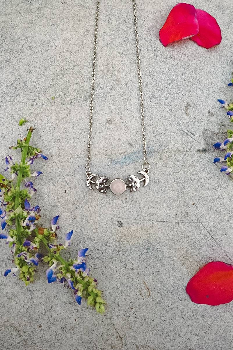 Rose Quartz Moon Phases Pendant Necklace - Silver
